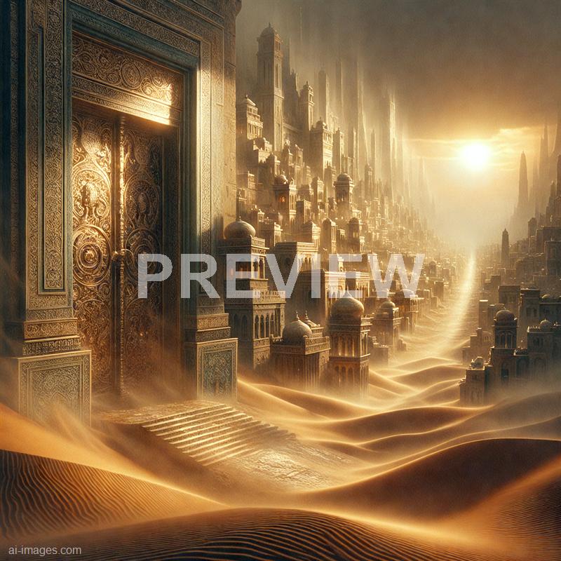 The image depicts an elaborate, grand cityscape with intricate architectural details resembling a palace or ancient metropolis, partially buried in sand dunes suggesting a desert environment. The city features numerous tall, ornate towers and domed structures, with a large, elaborately decorated door on the left side. The scene is illuminated by a bright, setting or rising sun, casting a warm golden glow and long shadows across the scene, creating a mystical and timeless atmosphere.